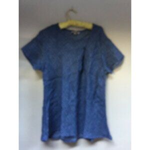 Flax Womens Medium 100% Linen Diamond Pattern Short Sleeve Blouse Top Blue New